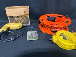 lot 338 image: Lot of Tools Including FedMart 38 Drill and Extension Cords