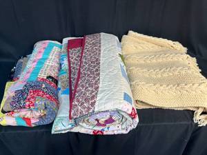 lot 379 image: Lot of 3 Handmade Quilts and Knitted Blanket