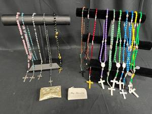 lot 275 image: Assorted Lot of Rosaries with Crosses and Pouches - displays not included