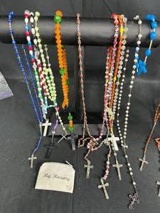 lot 277 image: Assorted Collection of Rosaries with My Rosary Pouch and Padlock - displays not included