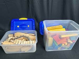 lot 296 image: Lot of Wooden Building Blocks and Train Track Set in Storage Bins
