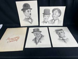 lot 297 image: Immortal Men of Comedy Set of 5 Charcoal Drawings by Artist