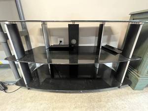 lot 300 image: Black Glass and Metal TV Stand with Shelves