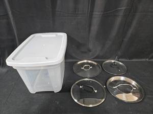 lot 316 image: Assorted Glass Pot Lids with Plastic Storage Bin