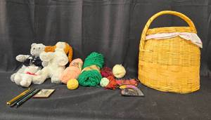 lot 321 image: Lot of Craft Supplies with Yarn, Teddy Bears, and Basket