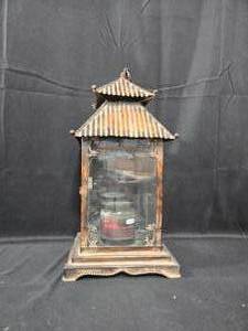 lot 325 image: Vintage Metal Lantern with Beanpod Evergreen Soy Candle