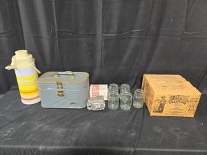 lot 345 image: Vintage Mason Jars, Thermos, Lunchbox and Riverhaw Power Gear Lot