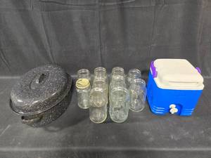 lot 349 image: Igloo Cooler, Graniteware Roasting Pans, and Mason Jars Lot