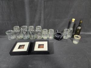 lot 358 image: Collection of Glass Jars, Bottles, Ceramic Teapot, and Framed Artwork