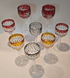 lot 57 image: Remarkable Crystal Stemware Grouping including Pair of Anne Hutte Cranberry Wine Glasses
