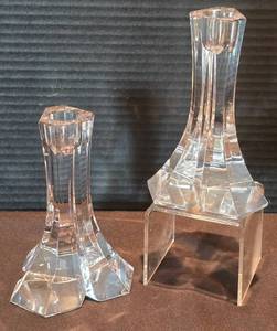 lot 60 image: Pair of Striking Miller Rogaska Crystal Triangle Candleholders