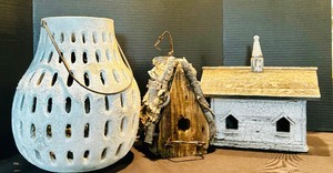 lot 103 image: Cozy Decor Including White Ceramic Potter Barn Lantern and Whitewashed Bird Houses