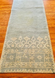 lot 102 image: Gorgeous Pottery Barn Desa Rug (Runner) in Light Blue with White Details
