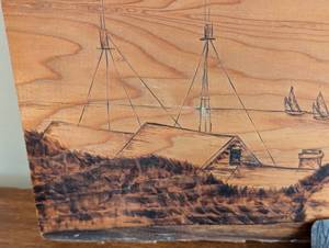 lot 242 image: Painted Saw and Wood Burn Art