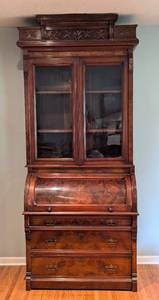 lot 1 image: Antique Eastlake Walnut and Burl Wood Display Cabinet Secretary