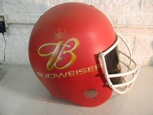 lot 4 image: BUDWEISER BEER - HANGING OR SITTING ADVERTISING DISPLAY FOOTBALL HELMET, VERY LARGE APPROX 24wide 24high 31deep - AWESOME MAN CAVE PIECE - SEE PICTURES