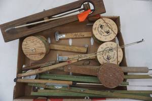 lot 223 image: Vintage winter fishing jigs and tips ups