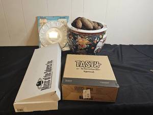 lot 164 image: Lot of Tasty by AeroGarden Sprout, Music of the Spheres, Porcelain Plate, and Decorative Plant Pot