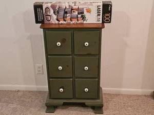 lot 176 image: Vintage 6-Drawer Wooden Storage Unit with Laserline CD Organizer