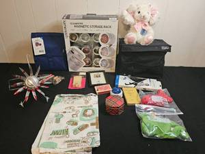 lot 184 image: Assorted Household Items Including Bear Plush, Storage Rack, and More