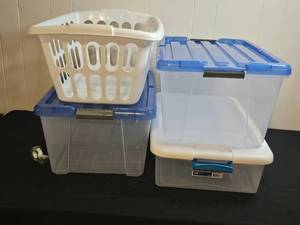 lot 189 image: Lot of Plastic Storage Totes and Laundry Basket