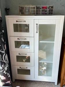 lot 350A image: White Storage Cabinet with Glass-Front Drawers and Shelves