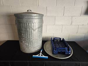 lot 360 image: Cleaning Equipment Lot - Trash Can, Squeegee, Trays, Tray Holder