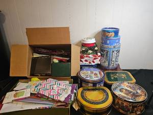 lot 227 image: Assorted Vintage and Holiday Tins with Greeting Cards and Gift Bags