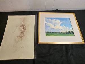 lot 239 image: Lot of 2 Art Pieces - Framed Landscape Painting by Greg Lipelt and Pencil Sketch