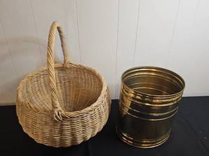 lot 243 image: Wicker Basket and Brass Bucket Set