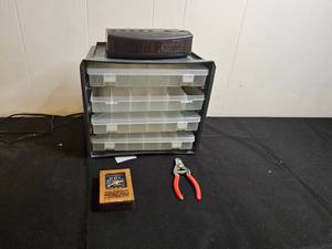 lot 246 image: Lot of Storage Organizer with Plano Drawers, Timex Alarm Clock, Wood Desk Clock, and Pliers