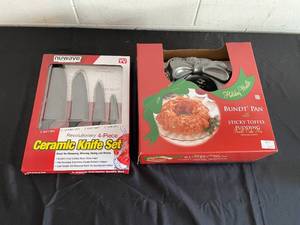 lot 24 image: NuWave Ceramic Knife Set and Holiday Wreath Bundt Pan Combo