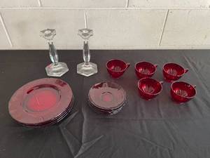 lot 27 image: Vintage Ruby Red Glass Dinnerware Set with Crystal Candlesticks