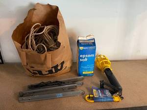 lot 256 image: Lot of Rope, Epsom Salt, Metal Brackets, and Trouble Light