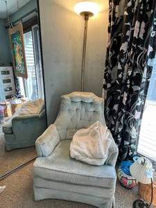 lot 351A image: Light Blue Velvet Armchair and Standing Lamp