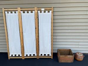 lot 357 image: Wood and Fabric Folding Room Divider Screen, Wooden Box and Pot