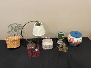 lot 345A image: Assorted Decor Items Ceramic Jar, Lamp, Candle Holder, Metal Basket