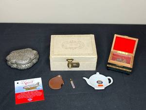 lot 73 image: Lot of Jewelry, Decorative Boxes, Porcelain Teabag Caddy and Memorabilia