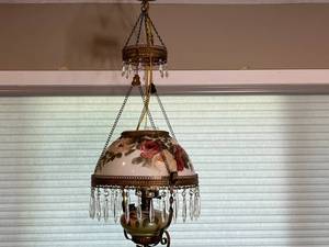 lot 74 image: Antique Hanging Lamp with Floral Shade and Crystal Like Pendants