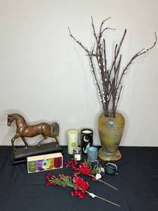 lot 75 image: Decorative Home Decor Lot with Bronze Horse Statue, Vases, and Candles