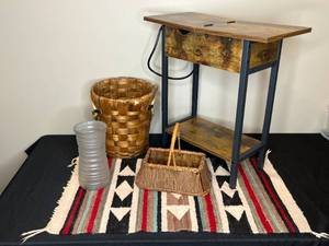 lot 79 image: Rustic Wood and Metal Side Table with Wicker Basket and Frosted Vase