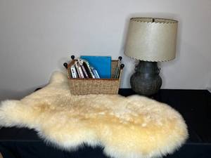 lot 81 image: Home Decor Lot Lamp, Lambskin Rug, and Assorted Books
