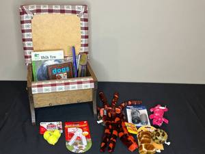 lot 91 image: Pet Supplies Lot with Wooden Storage Bench