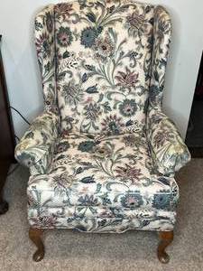 lot 93 image: Vintage Floral Wingback Armchair with Queen Anne Legs