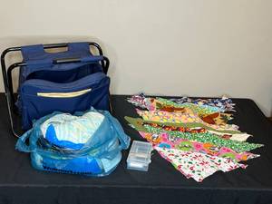 lot 98 image: Lot of Craft Supplies Including Yarn, Quilting Fabrics, and Portable Organizer