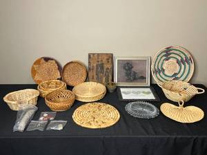 lot 108 image: Lot of Assorted Woven Baskets, Framed Art, and Decorative Items