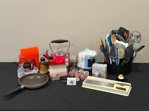 lot 127 image: Assorted Kitchen Items Lot with Utensils, Teapot, and Pan