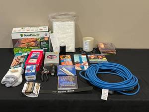 lot 137 image: Assorted Household and Tools Lot with FoodSaver, CDs, and DVDs