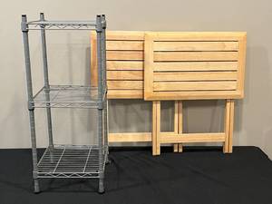 lot 140 image: Lot of 3 Metal Wire Shelving Unit & Wooden Folding Tables