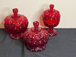 lot 274 image: Set of 3 Vintage Red Glass Covered JarsCandy Dishes